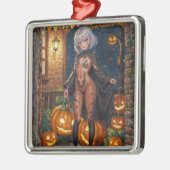 トリックまたはトレーター、勇敢なハロウィーンの衣装の女の子 メタルオーナメント (左)