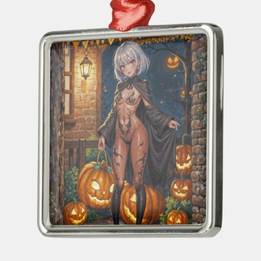 トリックまたはトレーター、勇敢なハロウィーンの衣装の女の子 メタルオーナメント (左)