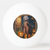 トリックまたはトレーター、勇敢なハロウィーンの衣装の女の子 卓球ボール (正面)