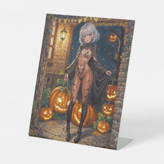 トリックまたはトレーター、勇敢なハロウィーンの衣装の女の子 台座サイン (正面)