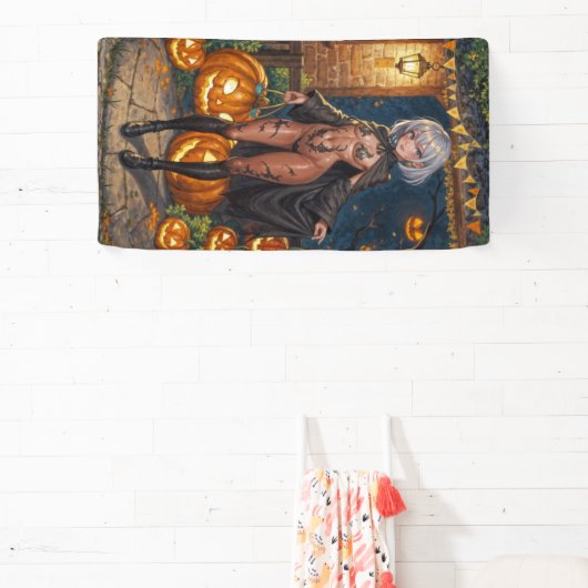 トリックまたはトレーター、勇敢なハロウィーンの衣装の女の子 横断幕 (インサイチュ)