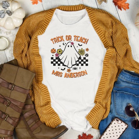 トリックまたは教えレトロ幽霊先生ハロウィーン Tシャツ