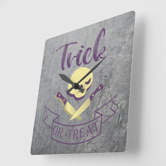 トリックまたは治療スカルクロスボーンハロウィーンリボンT スクエア壁時計 (傾斜)