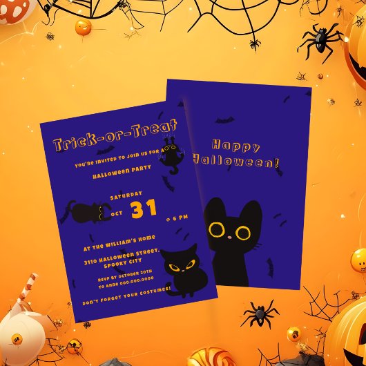 トリックまたは治療 | かわいい黒猫ハロウィン 招待状