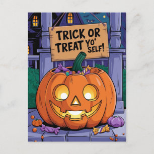 トリックまたは自分を扱う面白いハロウィーン ポストカード