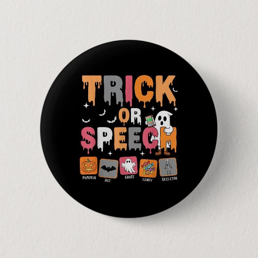 トリックまたは音声認識ハロウィーンSlpスピーチ言語パス 缶バッジ (正面)