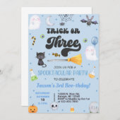 トリックまたは3ハロウィーン男の子3歳の誕生日招待状。 招待状 (正面/裏面)