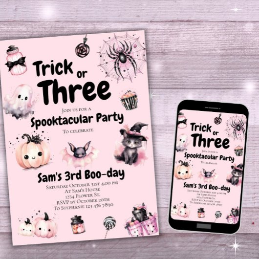 トリックまたは3人の女の子かわいいハロウィーン3日の誕生日 招待状