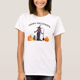 トリックオアトリートハッピーハローウィンウィッチキャットカボチャ Tシャツ