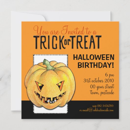 トリックオアトリートパンプキンハロウィーン誕生日 招待状 (正面)