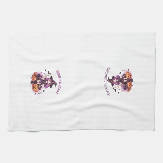 トリックオアトリートパープルウィッチカボチャ&こうもり キッチンタオル (横)