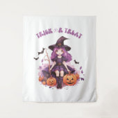 トリックオアトリートパープルウィッチカボチャ&こうもり タペストリー (正面)
