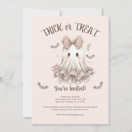 トリックオートリートカワイイ幽霊ガールハローウィンパーティ 招待状 (正面)