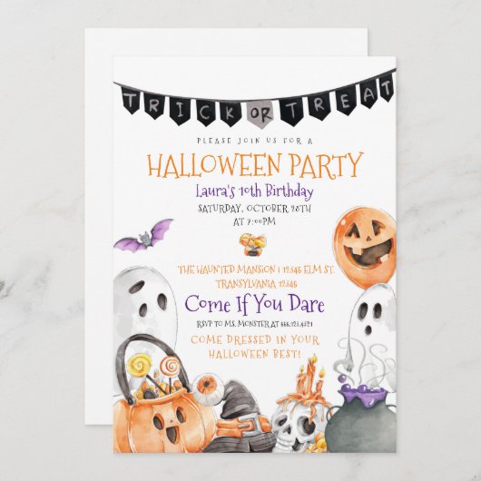 トリックオートリートハロウィーン誕生日招待状 招待状 (正面/裏面)