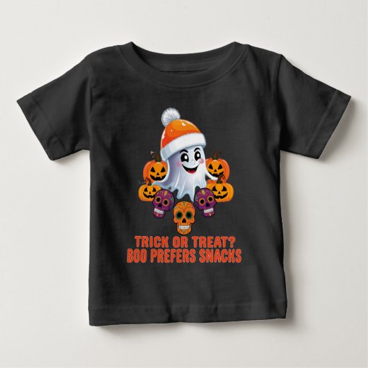 トリックオートリートブーおもしろい引用文ハローウィンパーティ ベビーTシャツ (正面)
