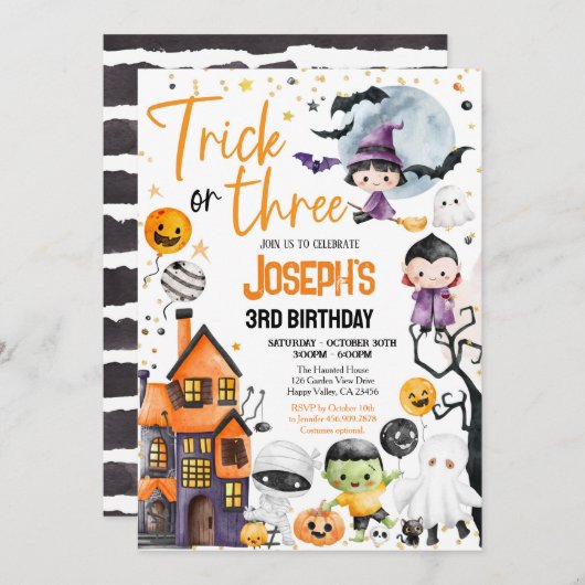 トリックハロウィーン3回目の誕生日パーティーかわいい 招待状 (正面/裏面)