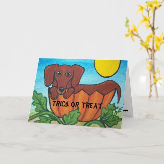 トリック・オア・トリートのダックスフントのハロウィンカード カード (黄色い花)