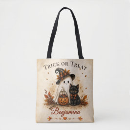 トリック・オア・トリートの幽霊と黒猫のハロウィン トートバッグ