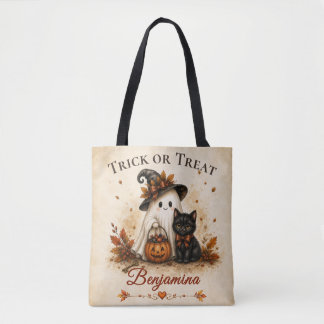 トリック・オア・トリートの幽霊と黒猫のハロウィン トートバッグ