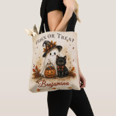 トリック・オア・トリートの幽霊と黒猫のハロウィン トートバッグ (クローズアップ)