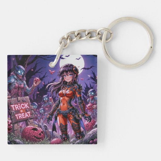 トリック・オア・トリート!ハロウィンのゾンビが脳みそを配ってる! キーホルダー (裏面)