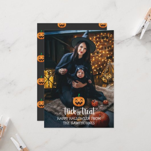 「トリック·オア·トリート」ハロウィーンエレガント家族の写真 カード (正面/裏面インサイチュ)