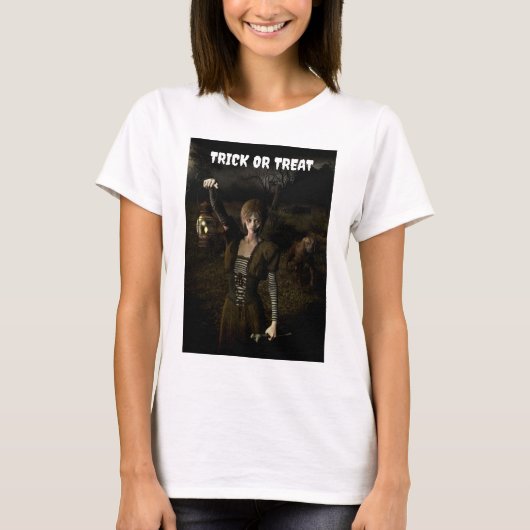 トリック・オア・トリート。ランタンを提げる細身の女性 Tシャツ (正面)