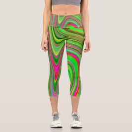 トリッピーなライムグリーンとマゼンタの抽象的なグルービーアート カプリレギンス