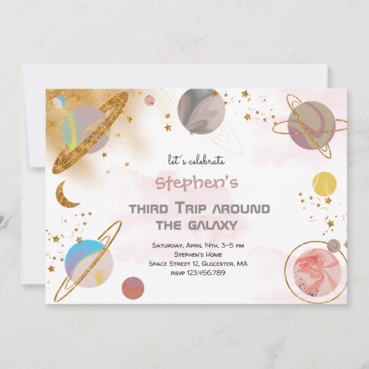 トリップザのまわりに銀河系宇宙誕生日招待状 招待状 (正面)