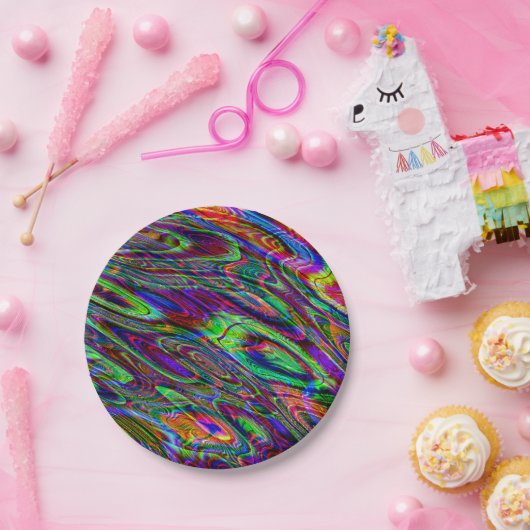 トリップ(幻覚体験)のようなでサイケデリックな紫色の緑のはっきりしたなプリントのパーティー ペーパープレート (パーティー)