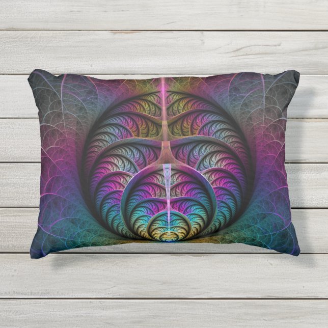 トリップ（幻覚体験）のようなパターン（の模様が）あるカラフル抽象芸術 アウトドアクッション (正面)