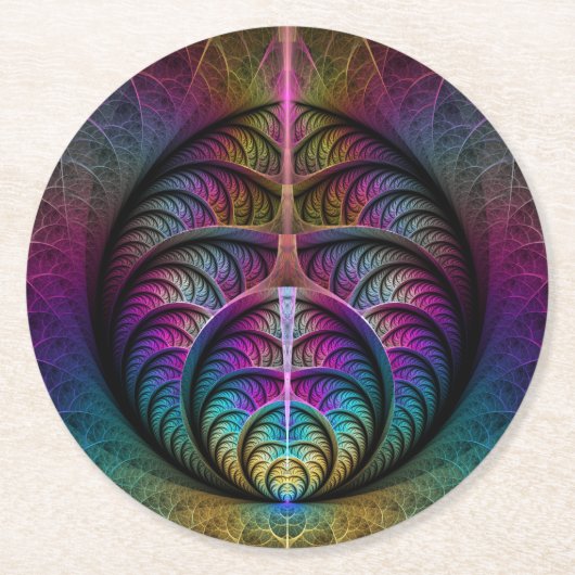 トリップ(幻覚体験)のようなパターン(の模様が)あるカラフル抽象芸術 ラウンドペーパーコースター (正面)