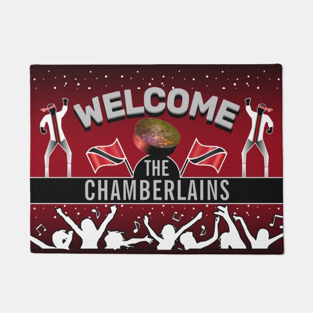 トリニダード国旗とパーティーの人と家族の名前 ドアマット (正面)