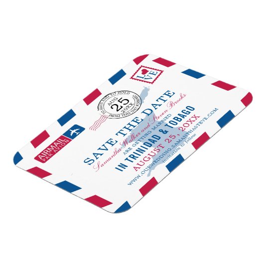 トリニダード・トバゴ航空便の結婚式の日付を保存 マグネット (左側)