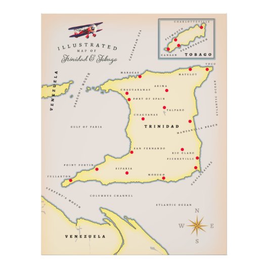 トリニダ図解入りの、写真付きのード・トバゴの地図 フォトプリント            (正面)