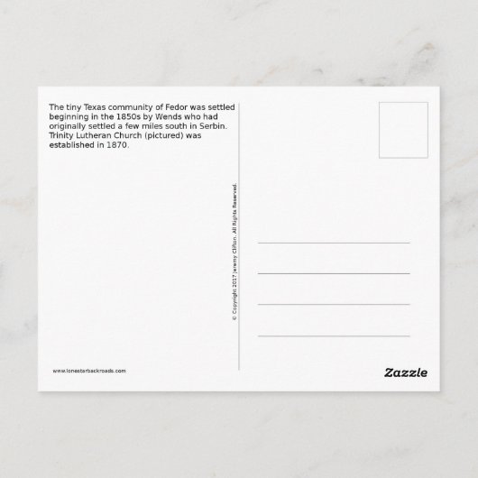 トリニティ・ルーテル教会 – フェドル,テキサス州 – 葉書 ポストカード (裏面)