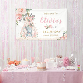 トリバルエレファントピンクフローラ誕生日ベビー背景 横断幕