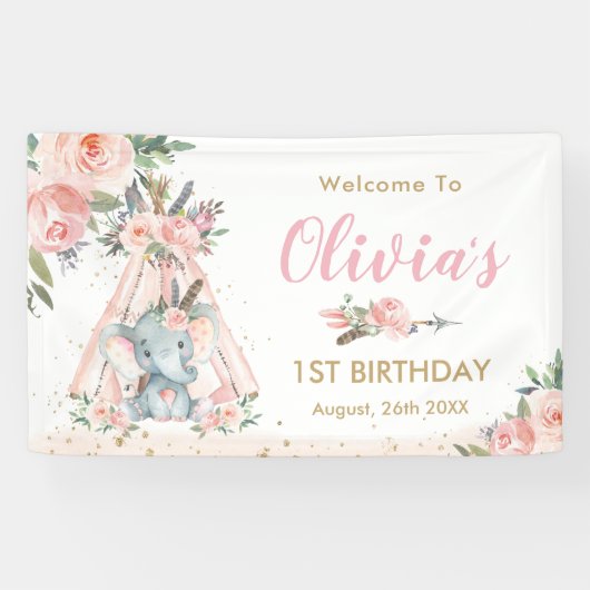 トリバルエレファントピンクフローラ誕生日ベビー背景 横断幕 (横)
