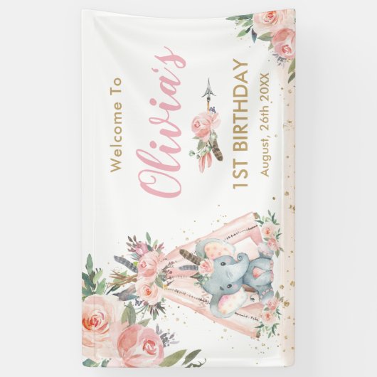 トリバルエレファントピンクフローラ誕生日ベビー背景 横断幕 (縦)