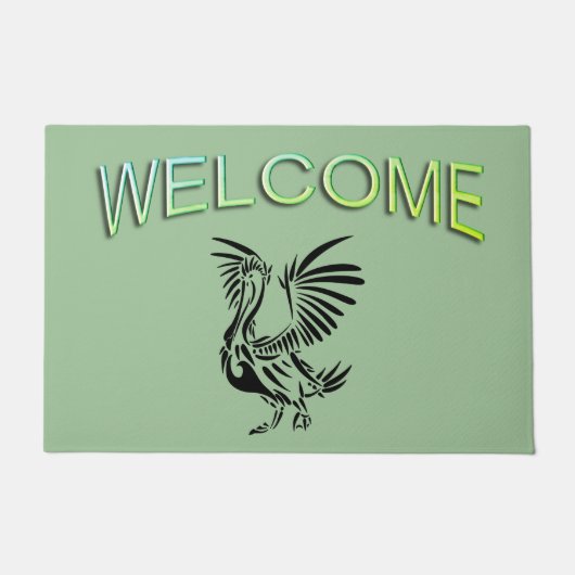トリバルペリカンアートオングリーン ドアマット (正面)