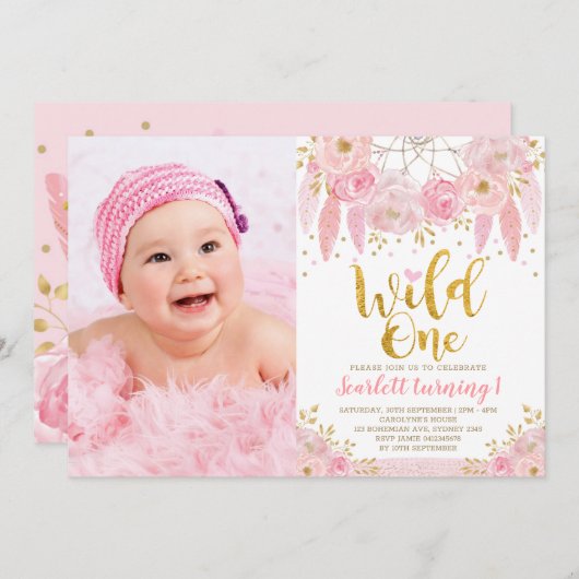 トリバルボホピンクドリームキャッチャーワイルドワン誕生日 招待状 (正面/裏面)