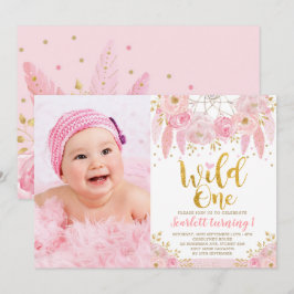 トリバルボホピンクドリームキャッチャーワイルドワン誕生日 招待状