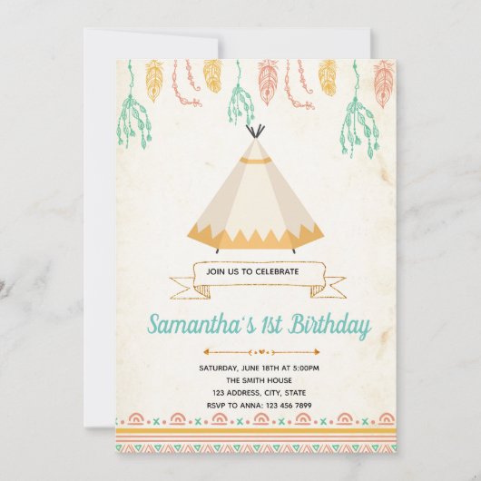 トリバル·ボホ·ティーピー·バースデー·シャワーの招待 招待状 (正面)