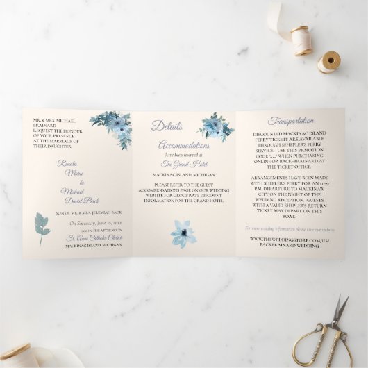 トリフォールドブルーフローラウォトカラー結婚式招待状 三つ折り招待状 (内部)