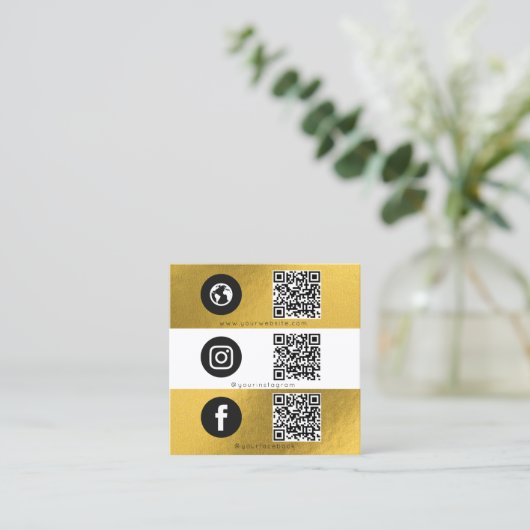 トリプルアイコン&QRコードビジネスソーシャルメディア金ゴールド スクエア名刺 (スタンド正面)