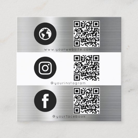 トリプルアイコンQRコードソーシャルメディアシルバーメタル スクエア名刺 (正面)