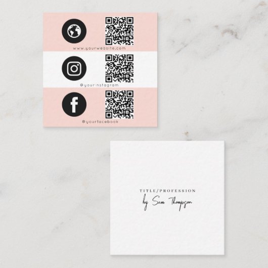 トリプルアイコンQRコードソーシャルメディアフェミニンピンク スクエア名刺 (正面/裏面)