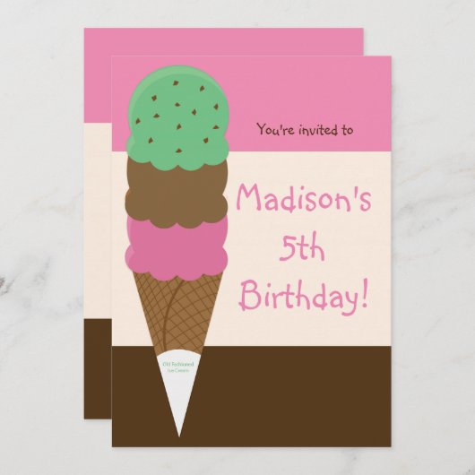 トリプルスクープのアイスクリーム誕生日パーティーの招待状 招待状 (正面/裏面)