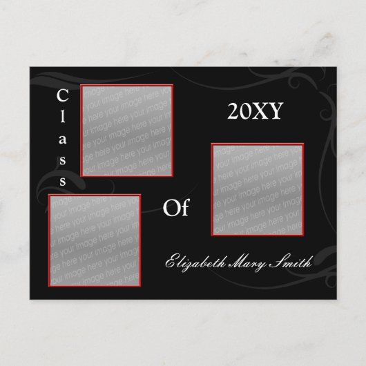 トリプルフォトレッド卒業招待状 インビテーションポストカード (正面)