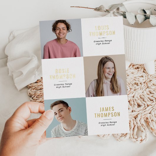 トリプルフォト3グラッドホワイト金ゴールド卒業パーティー 箔招待状